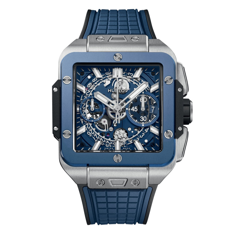 The Hublot Square Bang Unico Titanium Blue Ceramic features a square case, blue rubber strap, and an exposed sapphire crystal dial with chronograph subdials.
