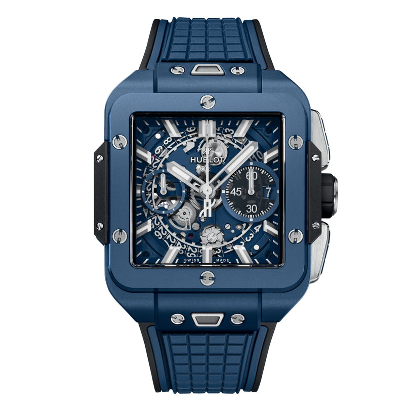 The Hublot Square Bang Unico Blue Ceramic features a skeleton sapphire crystal dial with white markers, three subdials, and a textured blue rubber strap.