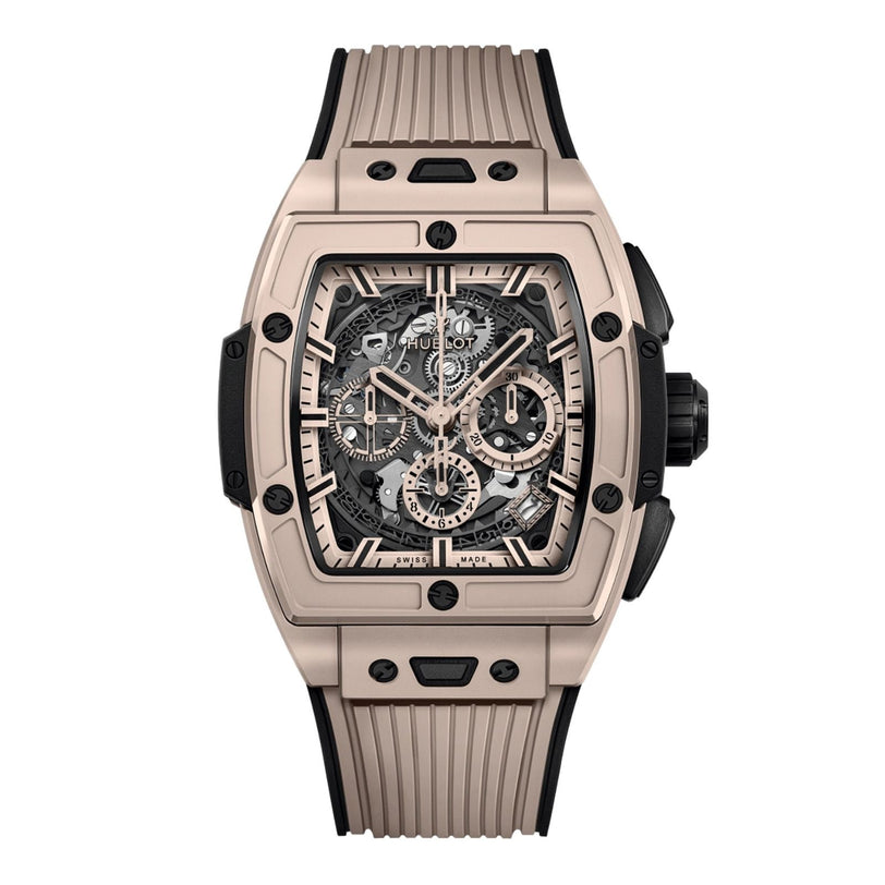 The Hublot Spirit of Big Bang Beige Ceramic features a rectangular beige ceramic case, skeleton dial with gears and chronograph subdials, and a matching ribbed beige strap.