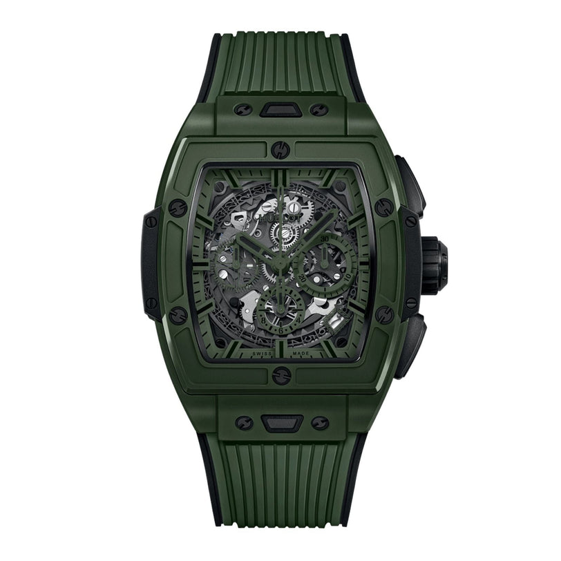 The Hublot Spirit of Big Bang Dark Green Ceramic features a rectangular case, ribbed strap, skeletonized movement, and the innovative HUB4700 caliber for outstanding mechanical performance.