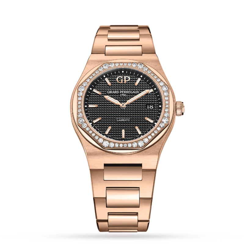 The Girard-Perregaux Laureato 42 is a rose gold luxury wristwatch featuring a black textured dial, diamond-set bezel, date display, and an integrated metal bracelet.