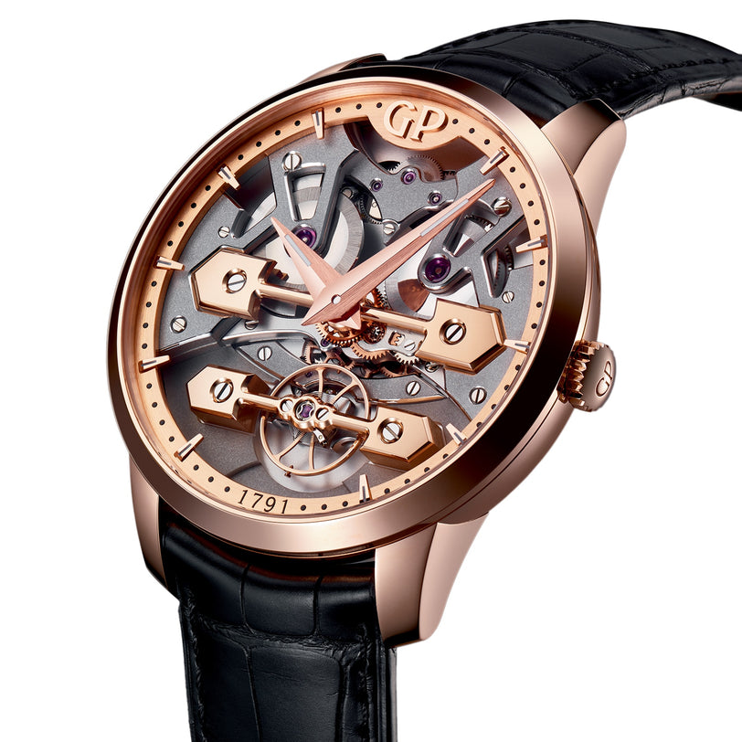 The Girard-Perregaux Classic Bridges 45 is a luxury skeleton watch from the Bridges collection, featuring a rose gold case, visible mechanical movement, black leather strap, and GP on the crown.