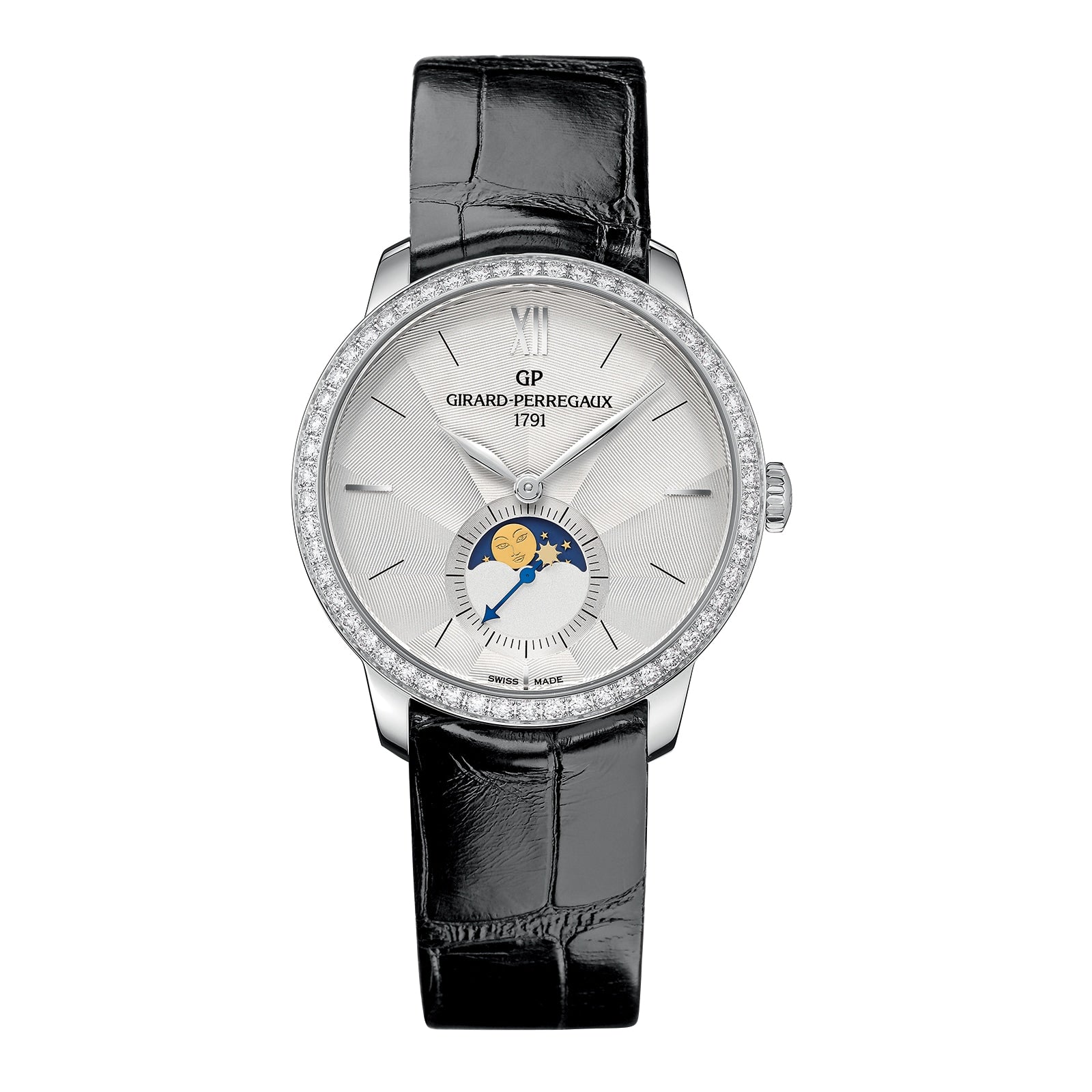 The Girard-Perregaux 1966 Moon Phases is a silver wristwatch with a diamond bezel, black leather strap, and moon phase indicator on the dial.