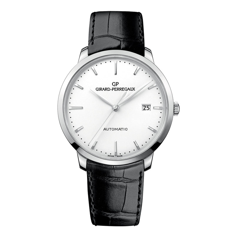 The Girard-Perregaux 1966 40 features a white dial, black leather strap, and date display at 3 o’clock—a timeless wristwatch.