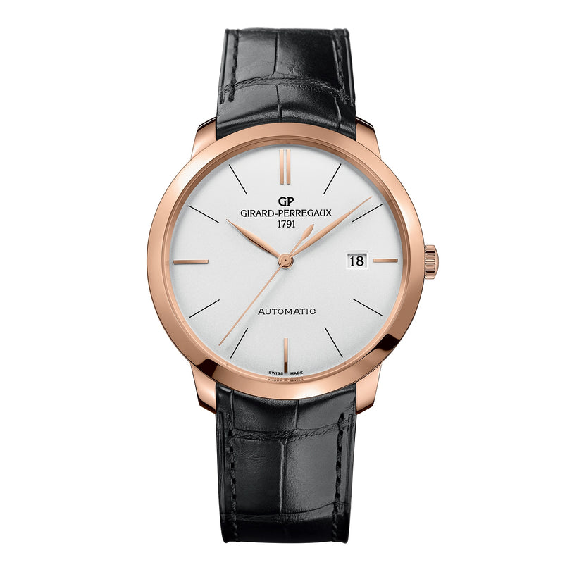 The Girard-Perregaux 1966 40 features a white dial, pink gold case, black leather strap, date window at 3 o’clock, and “1791” below the brand—a timeless icon of fine watchmaking.
