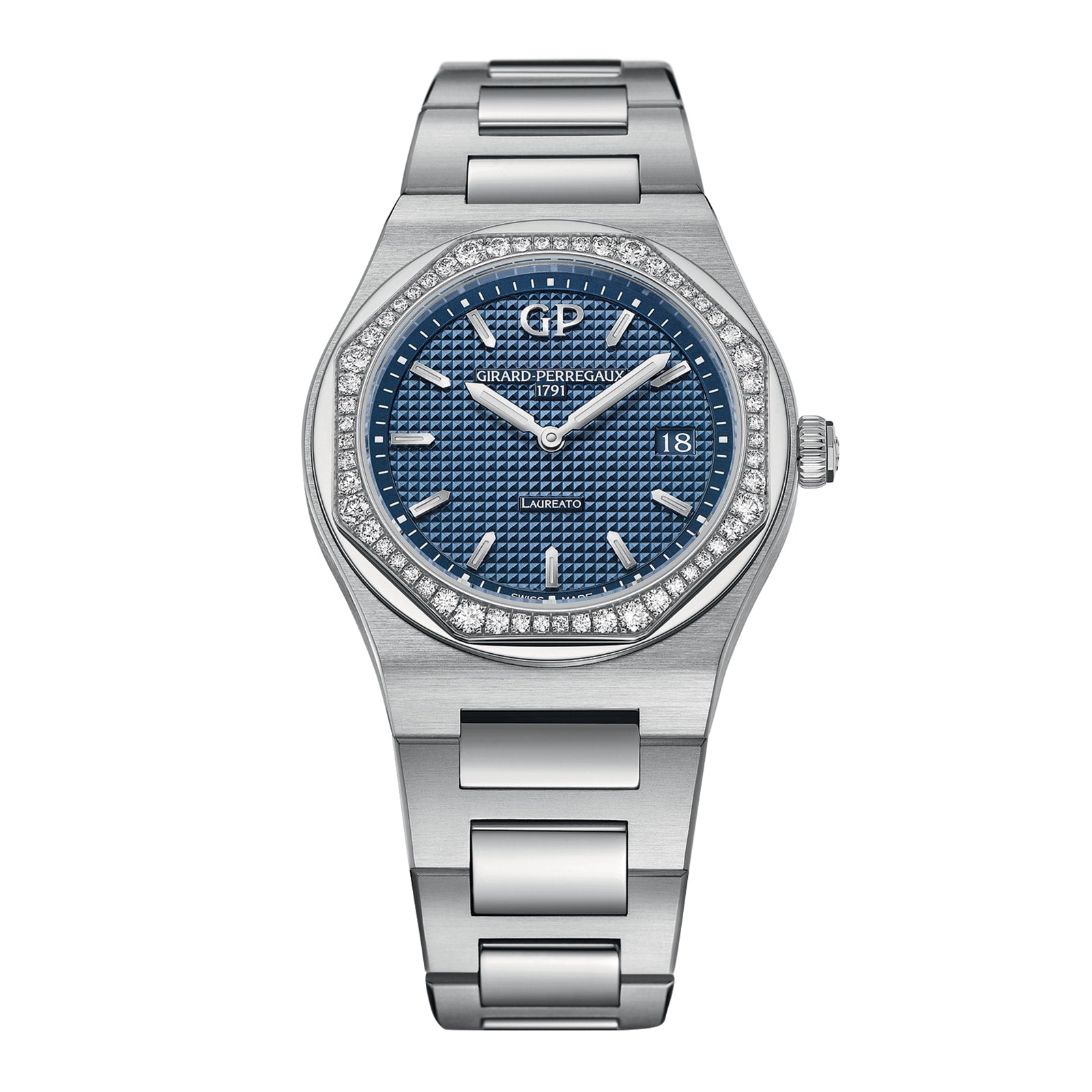 The Girard-Perregaux Laureato 34 is a stainless steel watch featuring a blue textured dial, octagonal diamond-set bezel, date display at 3 o’clock, and a metal link bracelet.