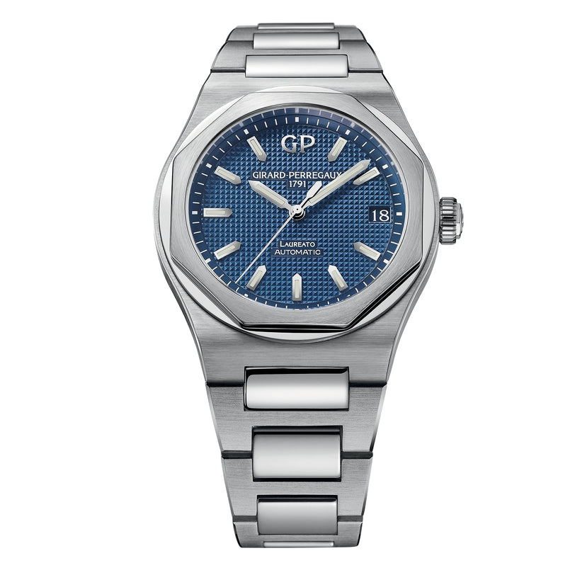 The Girard-Perregaux Laureato 42 is a stainless steel watch with an octagonal bezel, blue textured dial, silver hour markers, date at 3 o’clock, and signature Laureato branding.