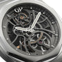 Close-up of the Girard-Perregaux Laureato Skeleton watch, highlighting its intricate gears and the “Girard-Perregaux” name on the mechanism.