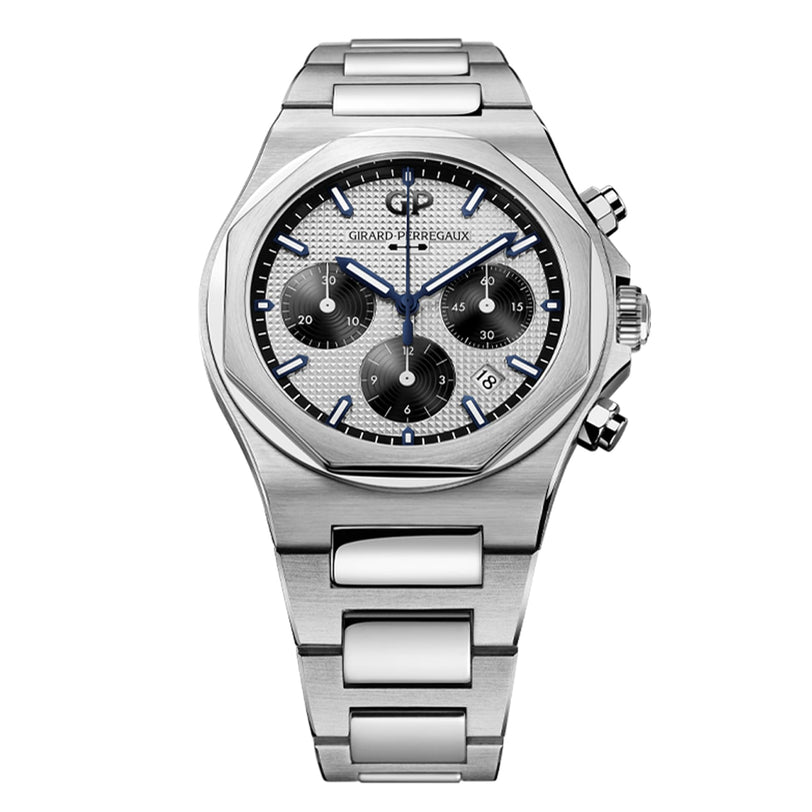 The Girard-Perregaux Laureato Chronograph 42 is a stainless steel watch with an octagonal bezel, silver textured dial, three black subdials, date display, calibre GP03300 movement, and a metal bracelet.