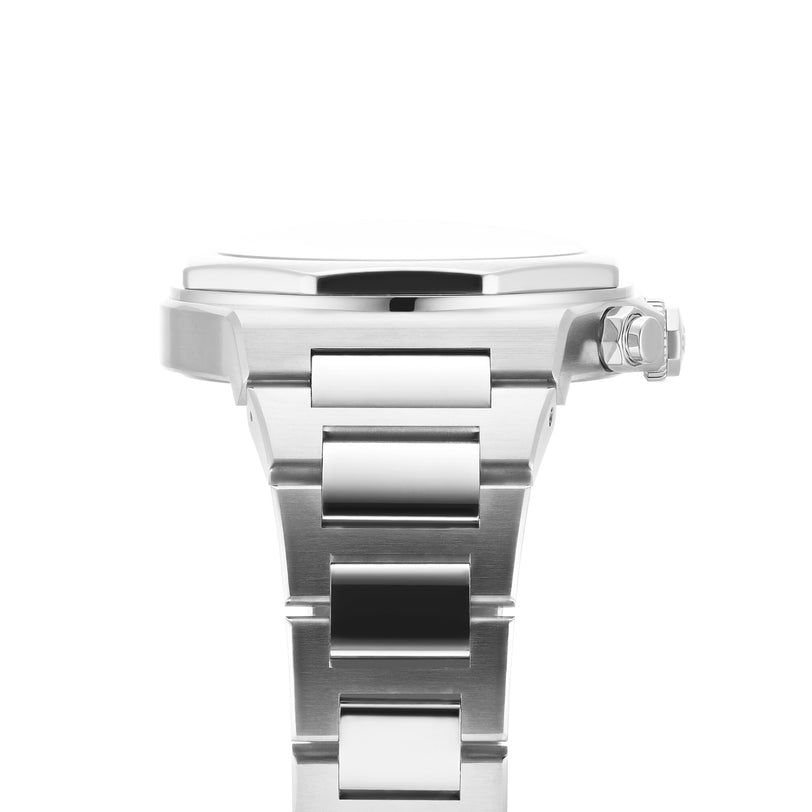 Close-up side view of the Girard-Perregaux Laureato Chronograph 42, showcasing its silver octagonal bezel, large crown, and metal link bracelet against a white background.