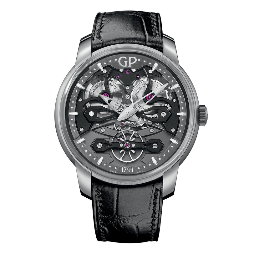 The Girard-Perregaux Neo Bridges features a black leather strap, exposed mechanical movement, silver case, and the signature GP logo atop the dial.