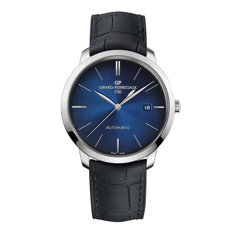 The Girard-Perregaux 1966 40 features a blue dial, silver hour markers, date at 3 o’clock, stainless steel case, and black leather strap—crafted for precision chronometry.