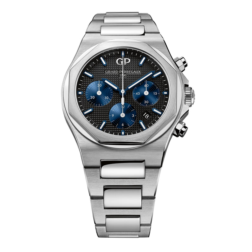 The Girard-Perregaux Laureato Chronograph 42 features an octagonal bezel, black textured dial with three blue subdials, silver hour markers, and a 904L stainless steel link bracelet.