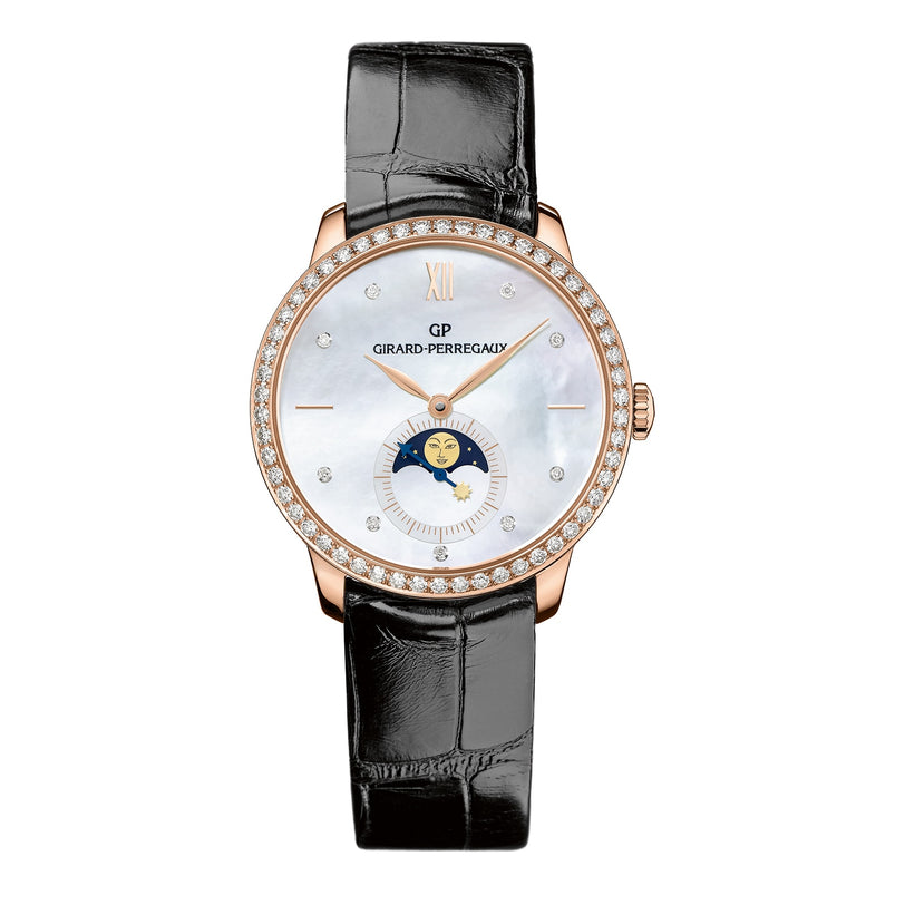 The Girard-Perregaux 1966 Moon Phases is a luxury watch featuring a diamond bezel, white mother-of-pearl dial with moon phase display, and black leather strap.
