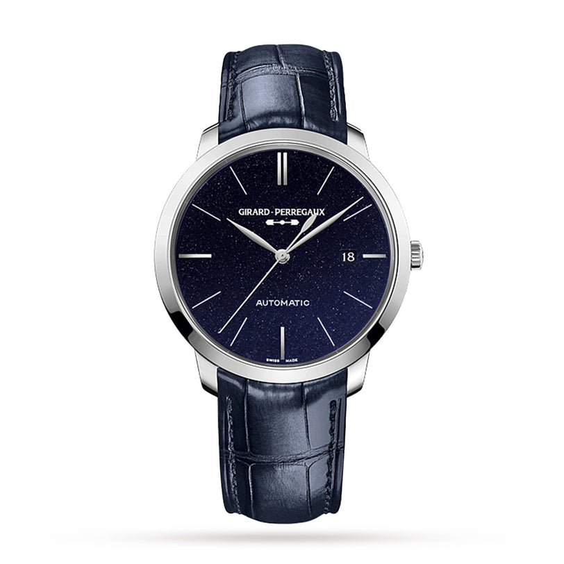 The Girard-Perregaux 1966 Orion is a luxury wristwatch with a dark blue aventurine dial, silver hands, date display at 3 o’clock, and a blue leather strap, powered by the precise GP03300 movement.