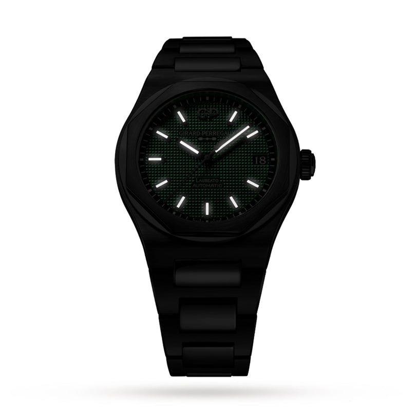 The Girard-Perregaux Laureato 42 is a black wristwatch with a Sunray Green dial, white hour markers, date window, and automatic movement, shown against a plain white background.