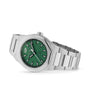 The Girard-Perregaux Laureato 42 is a stainless steel watch with a Sunray Green dial, silver hour markers, date at 3 o’clock, automatic movement, and a matching metal bracelet.