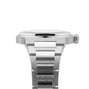 Side view of the Girard-Perregaux Laureato 42 stainless steel watch with metal bracelet, showcasing its case, crown, and bracelet links. Features a Sunray Green dial and precise automatic movement on a white background.