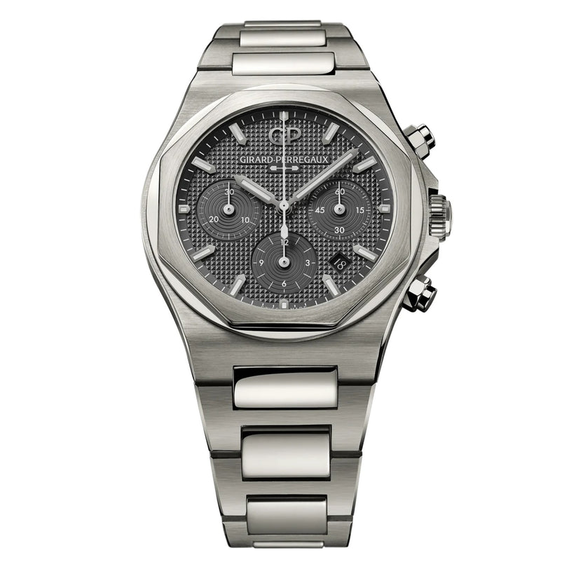The Laureato Chronograph Ti49 by Girard-Perregaux features a stainless steel case, black textured dial with three subdials, a date window, and a sleek metal bracelet.