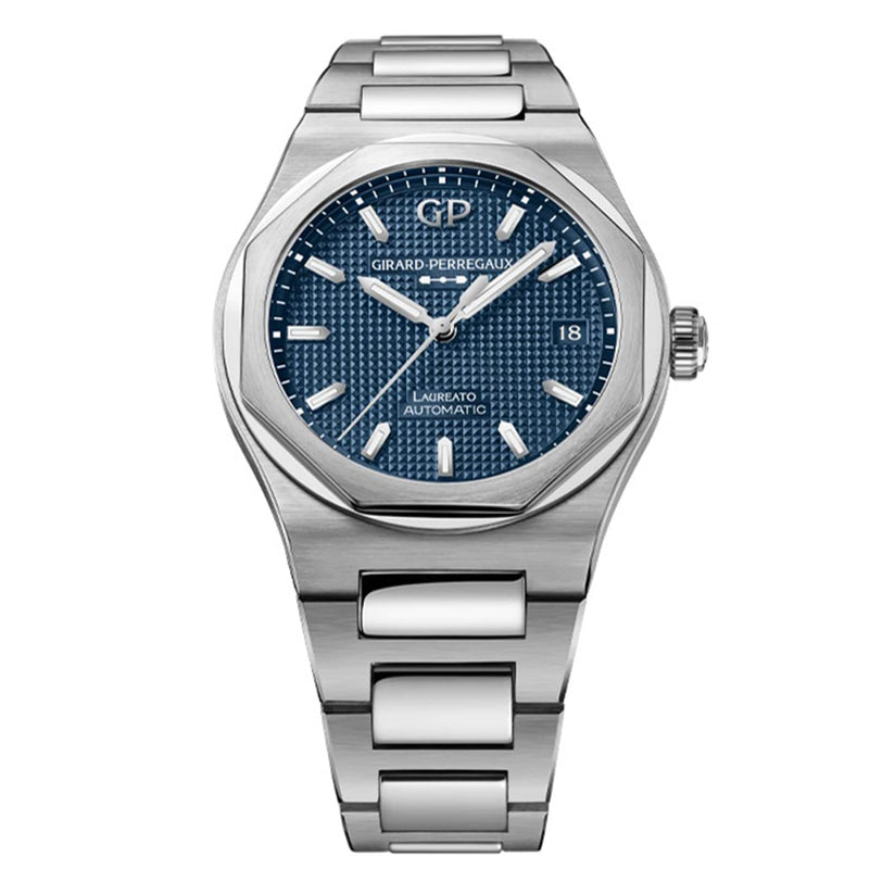 The Girard-Perregaux Laureato 38 is a silver luxury wristwatch with a blue textured dial and metal bracelet, featuring time and date display.