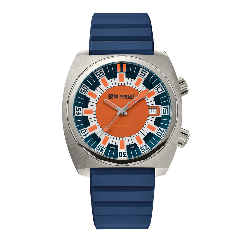 The Girard-Perregaux Deep Diver is a wristwatch with a blue strap, an orange and blue dial, a silver case, and two side crowns.