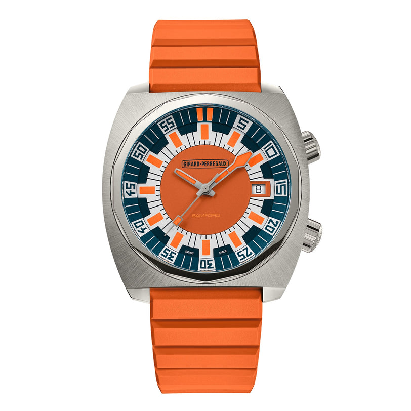 The Girard-Perregaux Deep Diver features an orange strap, orange dial, silver case, and blue-and-white hour markers.
