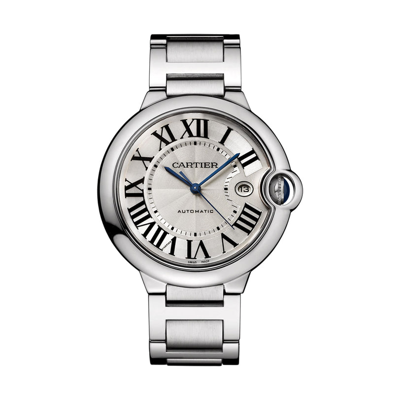 The Ballon Bleu de Cartier by Cartier is a silver wristwatch with a steel case, round face, Roman numerals, blue hands, date at 3 oclock, and a metal link bracelet.