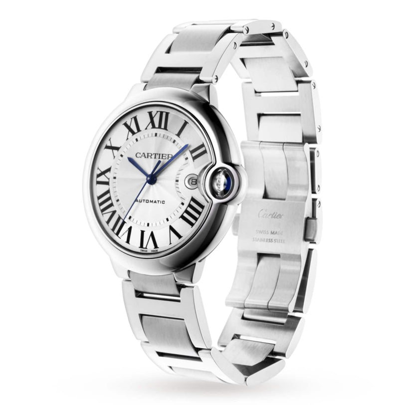 A Ballon Bleu de Cartier wristwatch by Cartier, featuring a steel case, white dial with Roman numerals, blue hands, and a self-winding movement, is displayed at an angle.