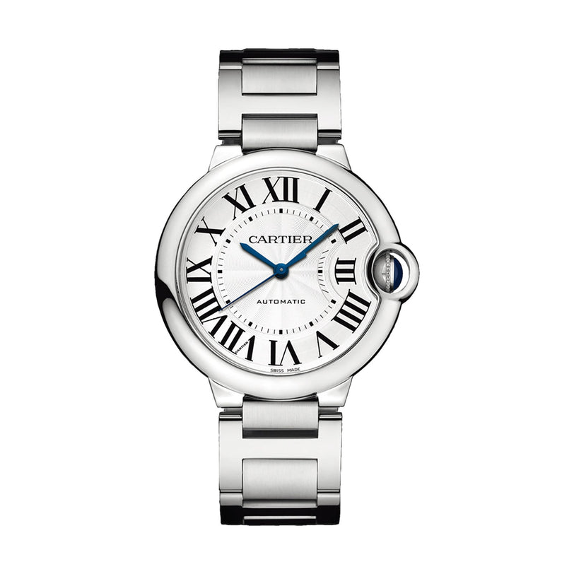 The Ballon Bleu de Cartier wristwatch by Cartier features a round silver face with Roman numerals, blue hands, a metal bracelet, and a blue sapphire cabochon, displayed on a white background.