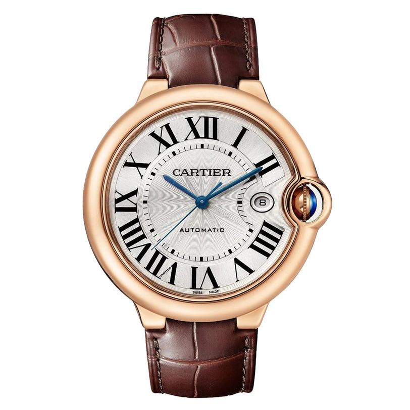 The Ballon Bleu de Cartier by Cartier features a round 18K rose gold case, silver dial with Roman numerals, blue hands, date display, self-winding movement, and brown leather strap.
