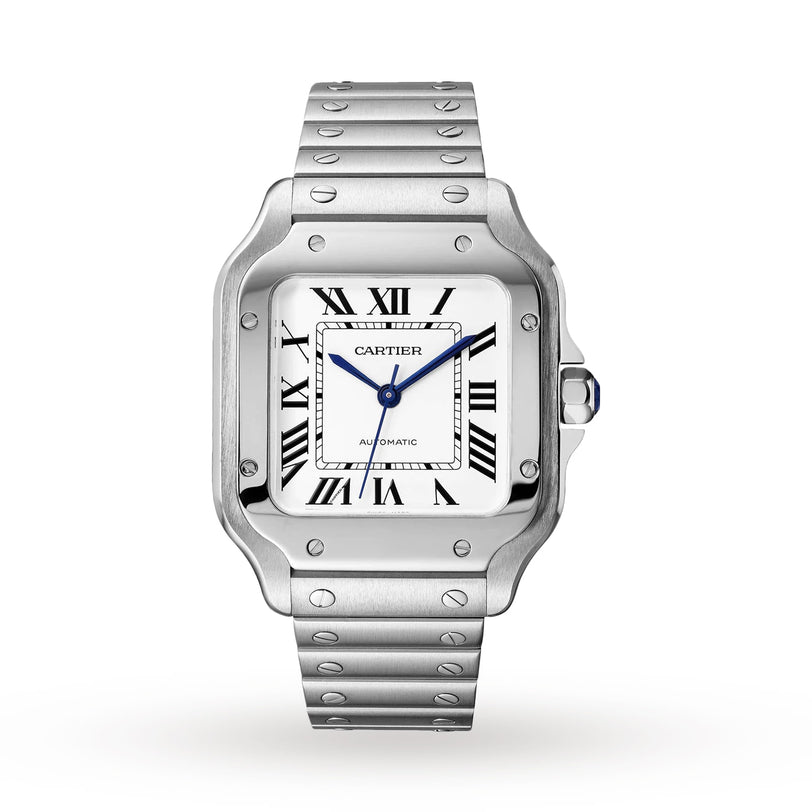 The Santos de Cartier by Cartier is a stainless steel wristwatch with a square case, white dial, black Roman numerals, blue hands, and a metal link bracelet.