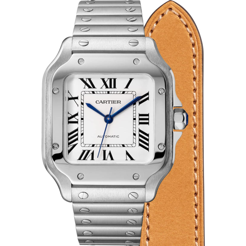 The Cartier Santos de Cartier wristwatch features a square steel case, silver metal bracelet, white dial with blue hands, Roman numerals, and comes with an additional tan leather strap displayed alongside.
