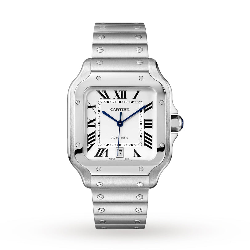 The Santos de Cartier by Cartier is a stainless steel wristwatch featuring Roman numeral markers, blue hands, a date window at 6 o’clock, visible-screw metal bracelet, and a self-winding movement inspired by aviation heritage.