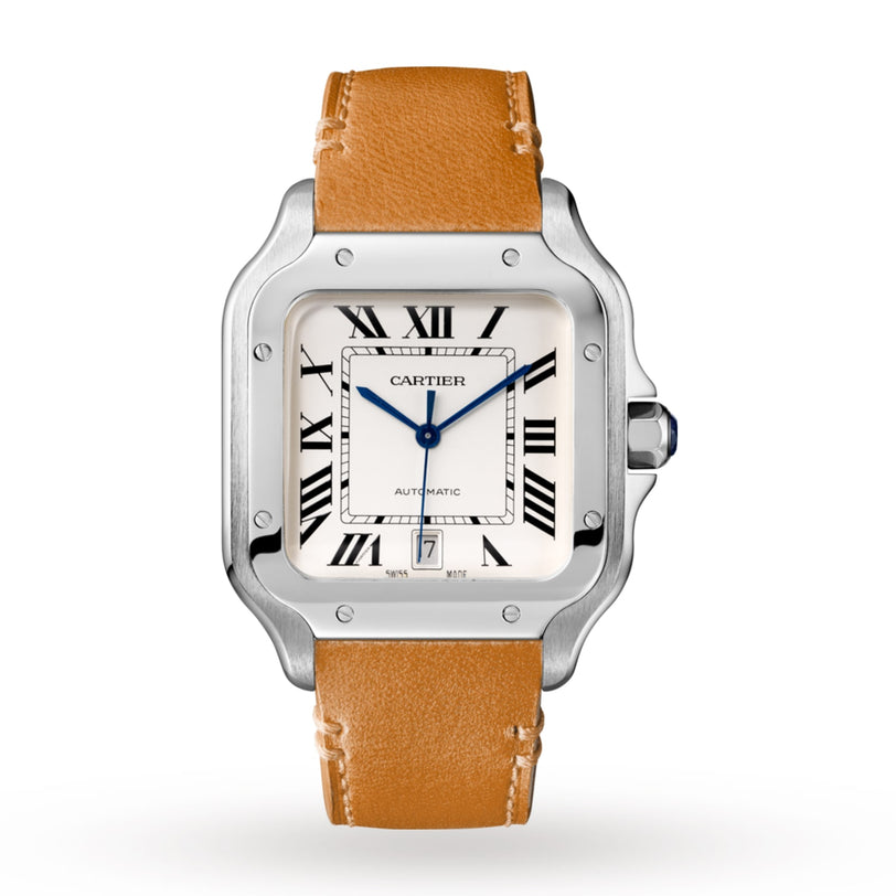 The Cartier Santos de Cartier wristwatch features a square face, silver bezel, white dial with Roman numerals, blue hands, date display, and a tan leather strap—honoring the aviation pioneer.