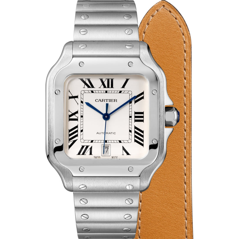 The Santos de Cartier by Cartier features a stainless steel case, square white dial with Roman numerals, blue hands, self-winding mechanical movement, date at 6 oclock, and a brown leather strap.