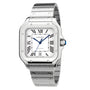 The Santos de Cartier by Cartier is a stainless steel wristwatch featuring a square white dial, Roman numerals, blue hands, date display, and a screw-detailed bracelet, inspired by Santos-Dumont and powered by an automatic movement.