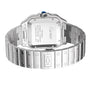 Back view of the Cartier Santos de Cartier wristwatch in stainless steel, featuring an engraved case, metal bracelet, signature blue crown, and a self-winding mechanical movement.