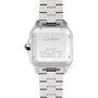 Back view of the Santos de Cartier watch by Cartier, featuring engraved details: brand, Swiss Made, self-winding mechanical movement, 100m water resistance, and model number 4072.