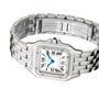 The Panthère de Cartier by Cartier is a silver stainless steel jewelry watch with a square face, Roman numerals, brilliant-cut diamond bezel, blue crown, and metal band with deployment clasp marked Stainless Steel and Swiss Made.