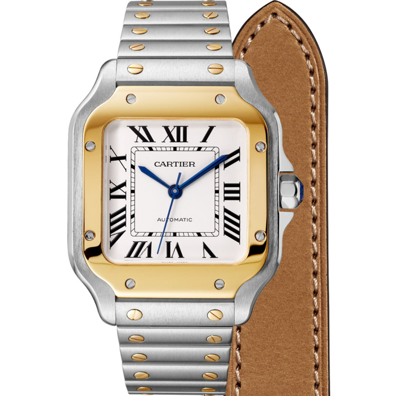 The Santos de Cartier by Cartier features a square face with Roman numerals, blue hands, a two-tone metal bracelet, and brown leather backing—paying tribute to aviation innovator Santos-Dumont. Shown right.