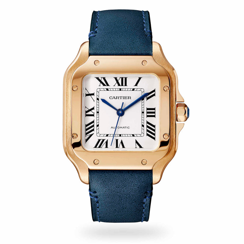 The Santos de Cartier by Cartier is a luxurious watch featuring a square white dial with Roman numerals, blue hands, and a blue leather strap in 18K rose gold.