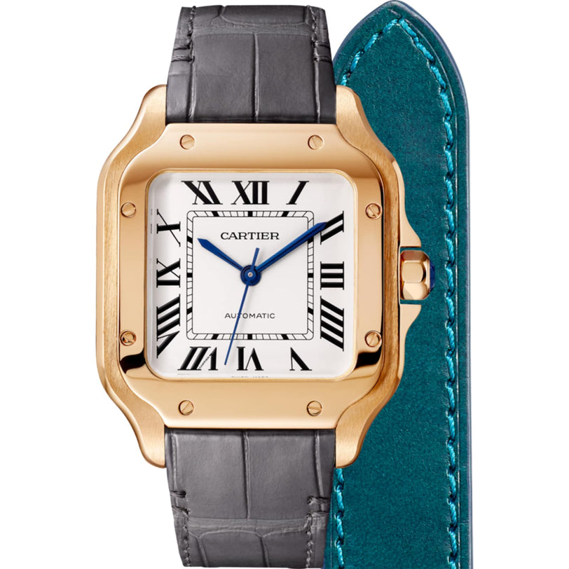 The Santos de Cartier by Cartier features an 18K rose gold square case, white dial with Roman numerals, blue hands, a grey leather strap, and teal lining.