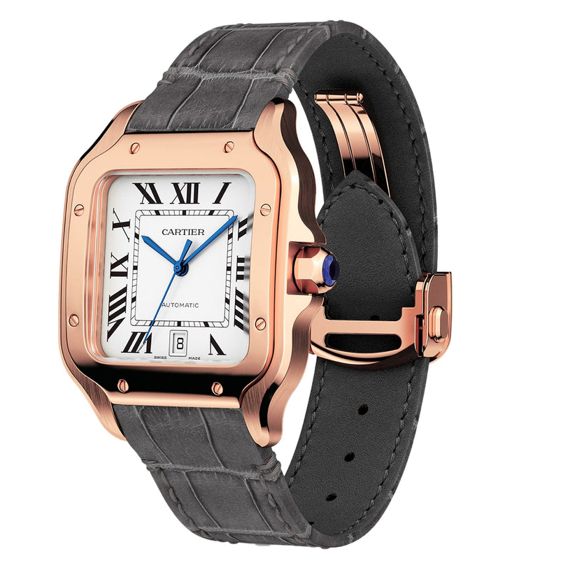 The Cartier Santos de Cartier wristwatch features a square 18K rose gold case, white dial with Roman numerals, date display, and black leather strap.