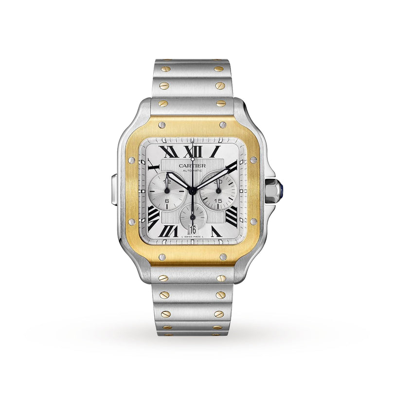 The Santos de Cartier Chronograph by Cartier features a square face, Roman numerals, three subdials, a date window, and a stainless steel bracelet with gold accents.