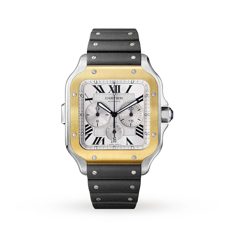 The Cartier Santos de Cartier Chronograph is a luxury watch with a square face, two-tone bezel, black strap, Roman numerals, three chronograph subdials, date display, and dual side pushers.