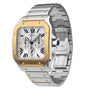 The Santos de Cartier Chronograph by Cartier features a square face, Roman numerals, chronograph dials, and a stainless steel and gold metal link bracelet.