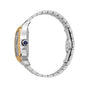 Side view of the Santos de Cartier Chronograph by Cartier, featuring a silver and gold case, metal bracelet, and blue cabochon crown.