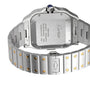 Back view of the Santos de Cartier Chronograph in stainless steel, showcasing gold screws on the bracelet and engraved Cartier logo markings on the case back.