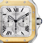 Close-up of a Santos de Cartier Chronograph featuring a silver chronograph dial with three sub-dials, Roman numeral hour markers, and a date window at 6 o’clock.