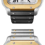 Close-up of the Santos de Cartier Chronograph, showcasing the transition from a black rubber strap to a two-tone gold and silver metal bracelet with visible screws.